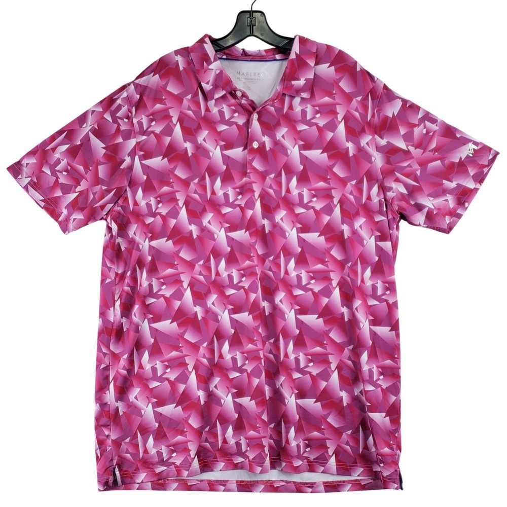 Maelreg Performance Polo Shirt Mens XL Pink Geometric Prints Golf Stretch Casual